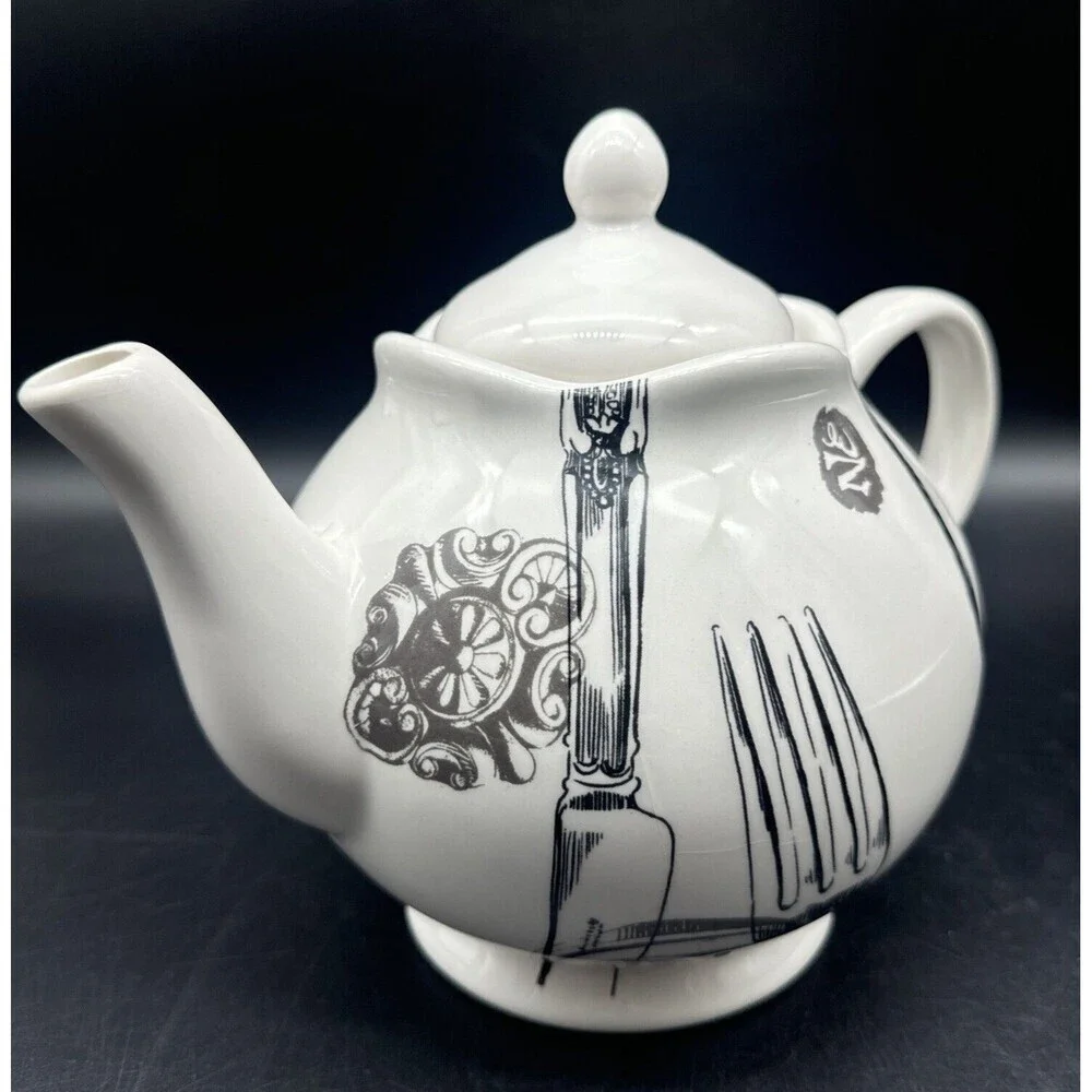Magenta Exclusives White w/ Black Fork Spoon Knife Graphics Ceramic‎ Teapot 80oz